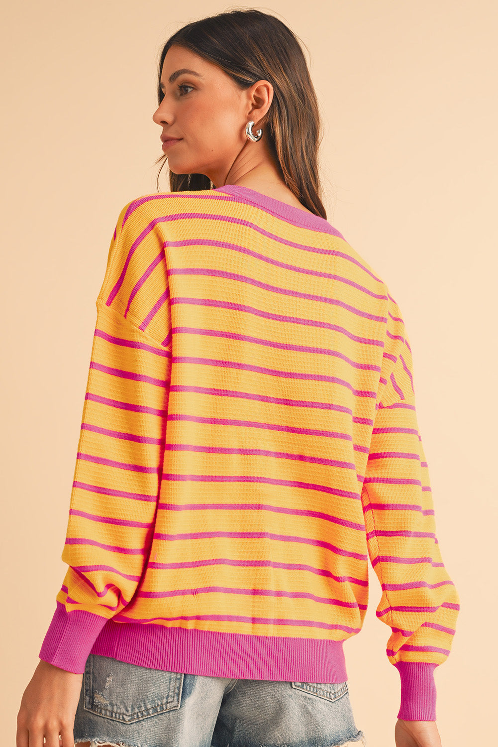 Orange Stripe Round Neck Drop Shoulder Loose Sweater Sweaters 2c7927c5437c6e4d