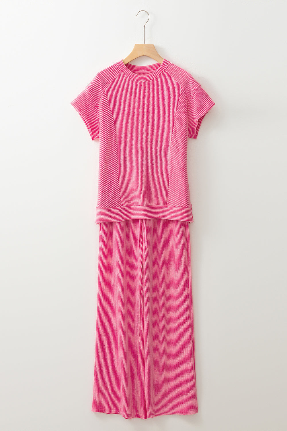 Bright Pink Solid Corded Short Sleeve T Shirt and Wide Leg Pants Set Two Piece Pants Sets 2d12015f60bdb651