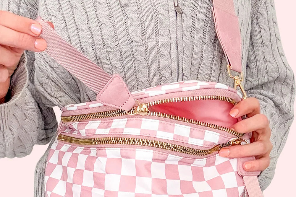 Pink Checkered Print Wide Strap Large Crossbody Bag Crossbody Bags 2d599a5645260292