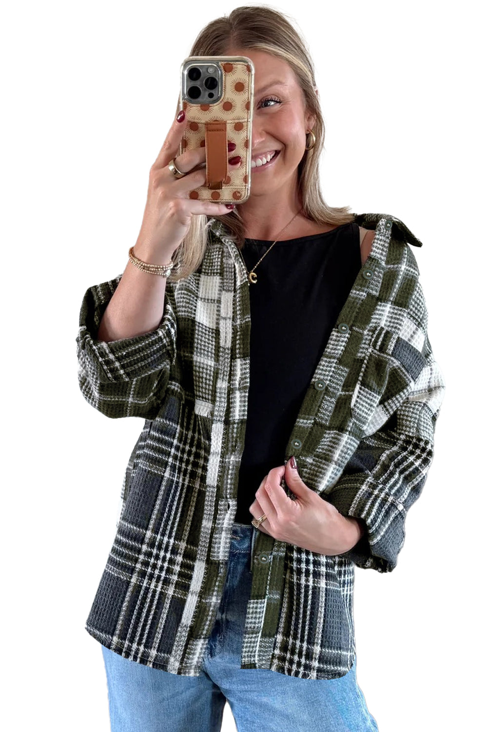 Black Plaid Print Textured Knit Buttoned Shacket Jackets 2d83e0265c3d7c2c