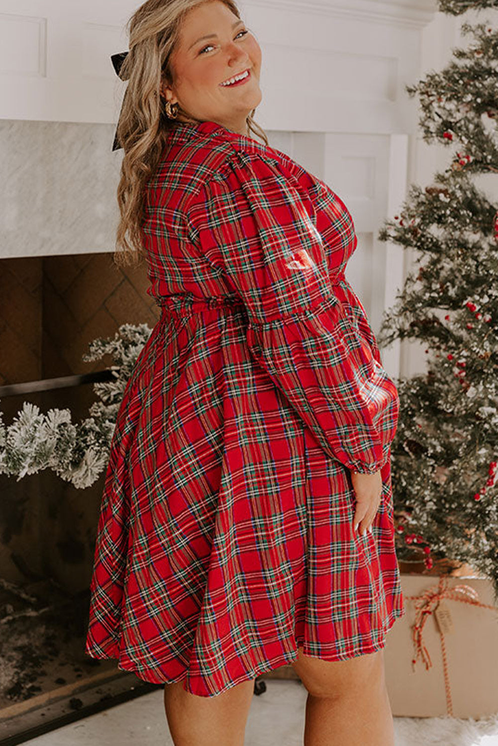 Red Plaid Half Button Long Sleeve Holiday Plus Size Dress Plus Size Dresses 2dcfbd45351a4f41