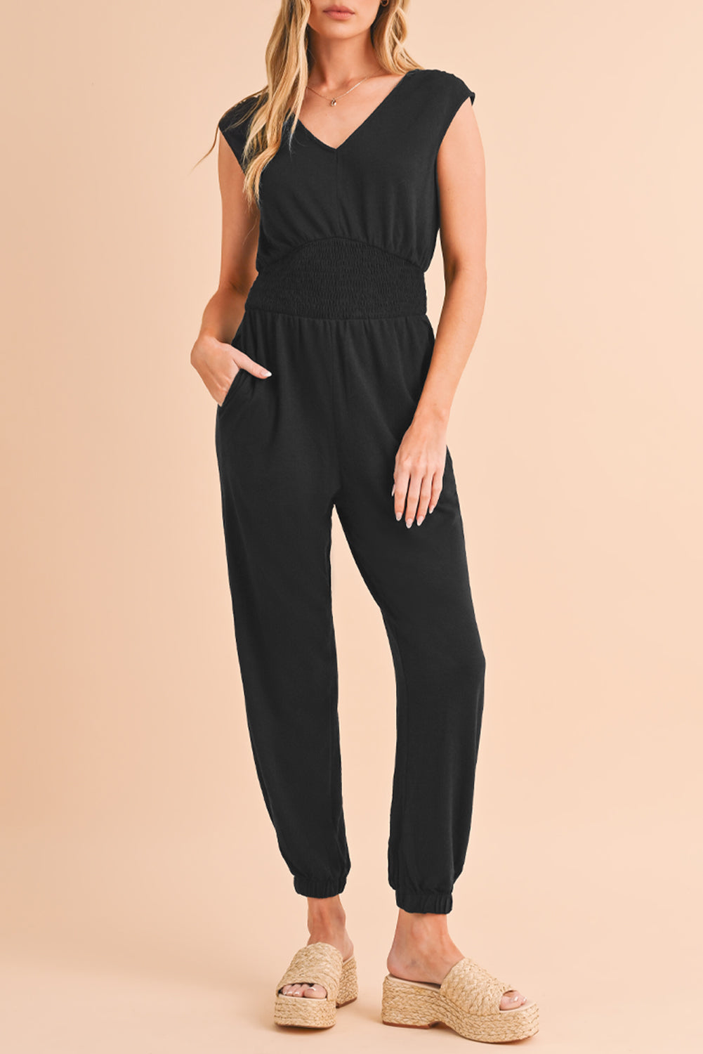 Black Shirred High Waist V Neck Sleeveless Jumpsuit Jumpsuits 2e094f46d33f22f1