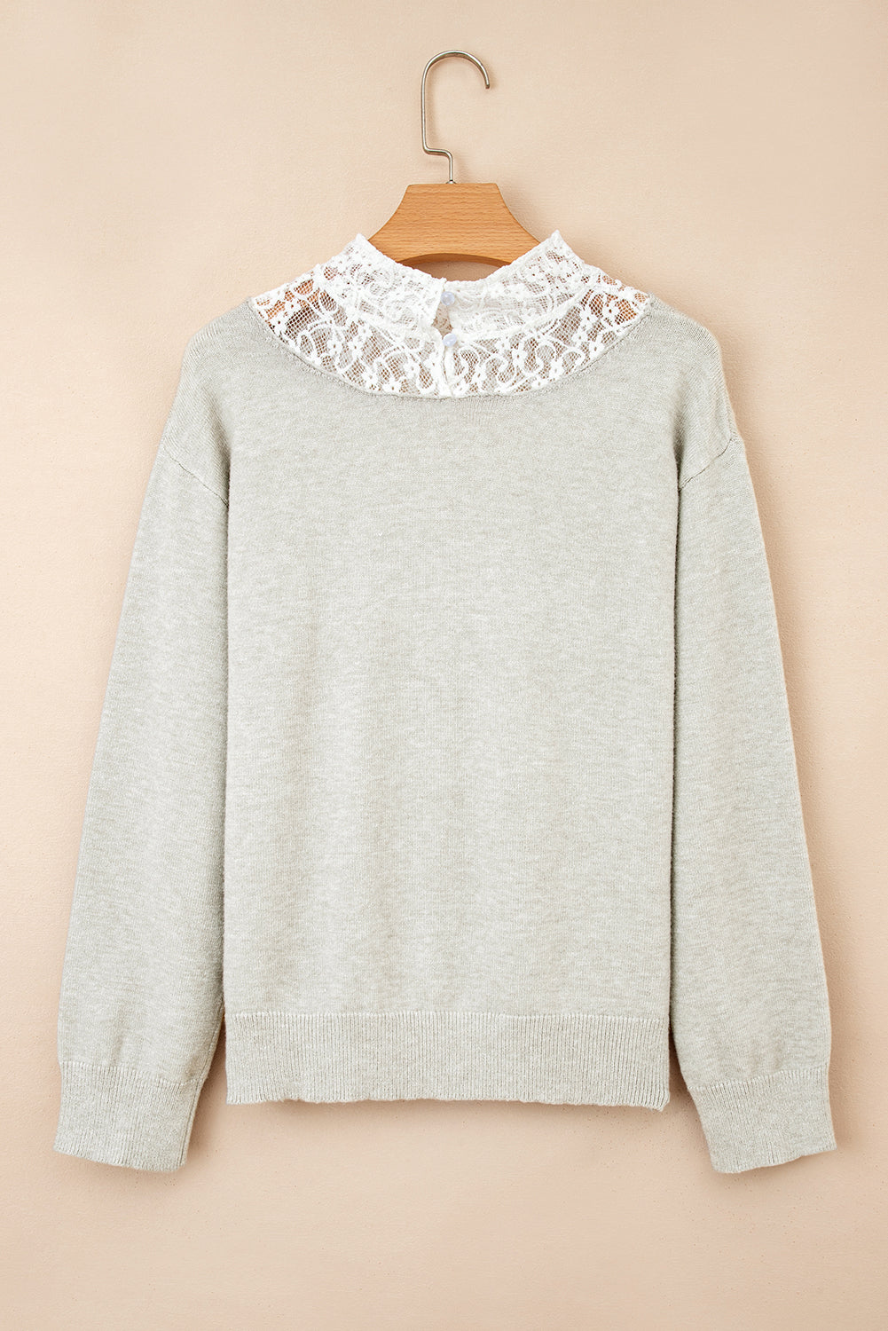 Light Grey Button Keyhole Lace Patchwork Drop Shoulder Sweater Sweatshirts & Hoodies 2e94994326a1a8ce