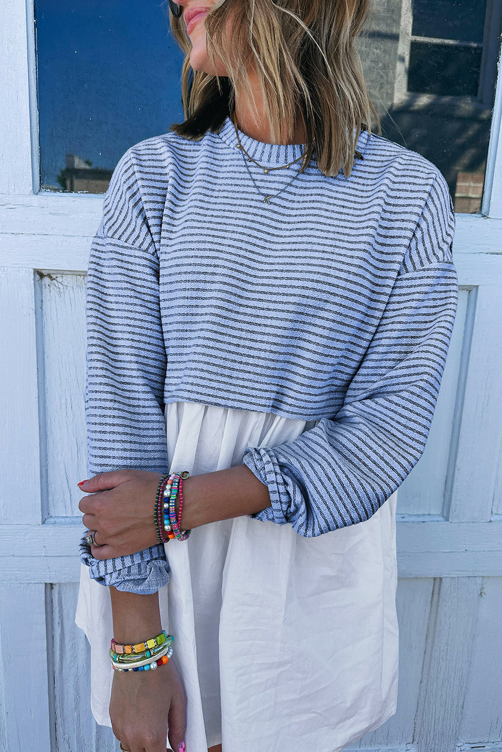 Sky Blue Stripe Patchwork Pleated High Waist Loose Mini Dress Short Dresses 2e9845627e0baec3