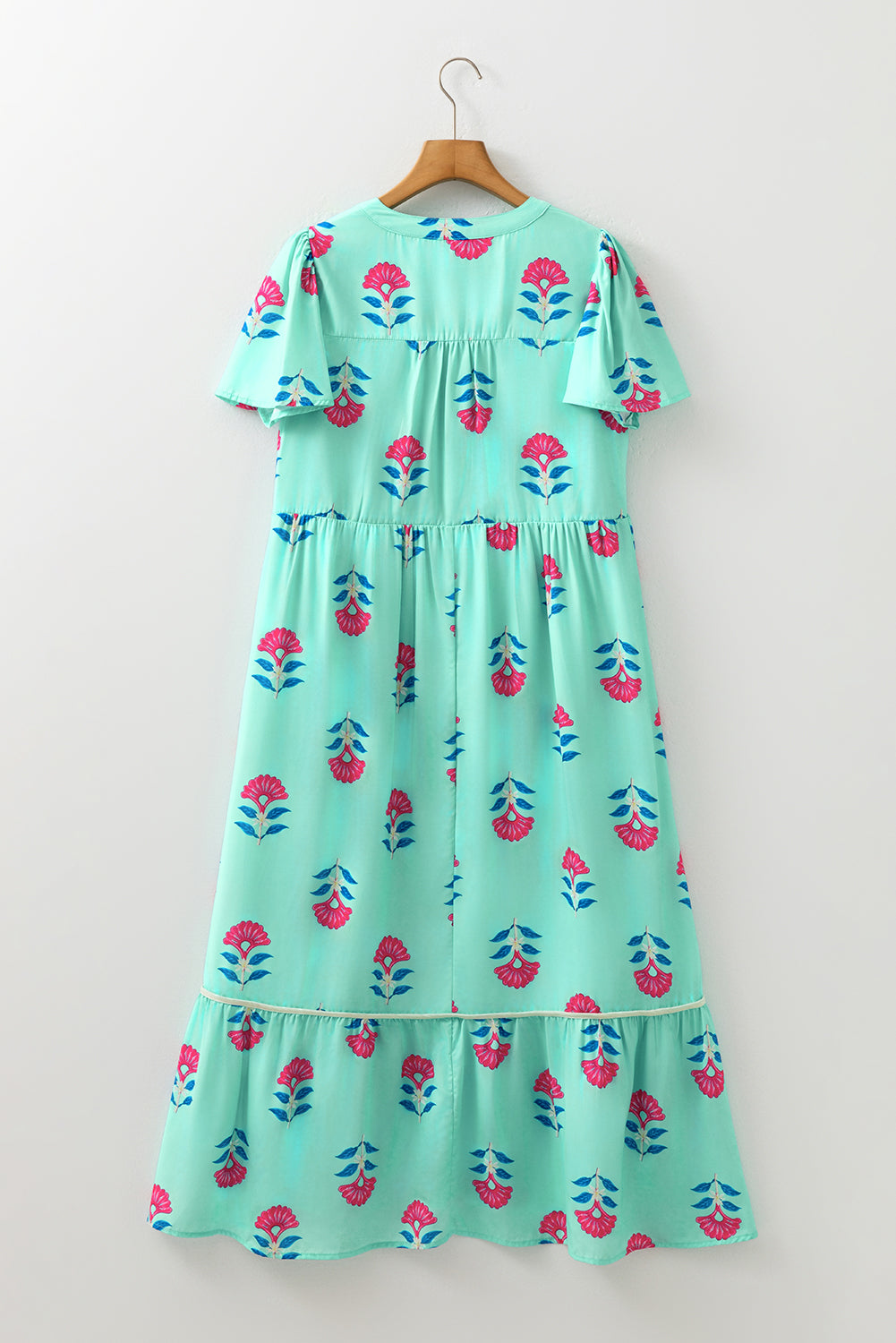 Green Floral Print Notched Neck Flounce Sleeve Midi Dress Midi Dresses 2ed8531d5528dd2f