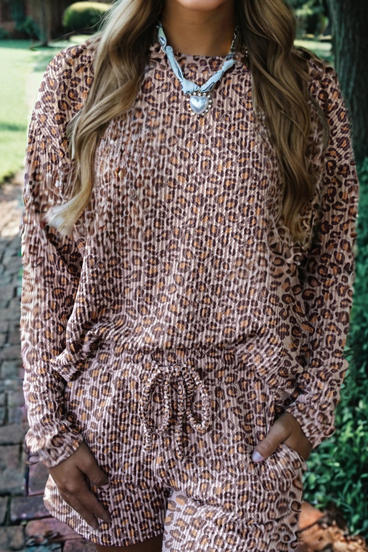 Khaki Leopard Ribbed Long Sleeve Top Drawstring Shorts 2pcs Outfit Short Sets 2edcf35dde52ca0f