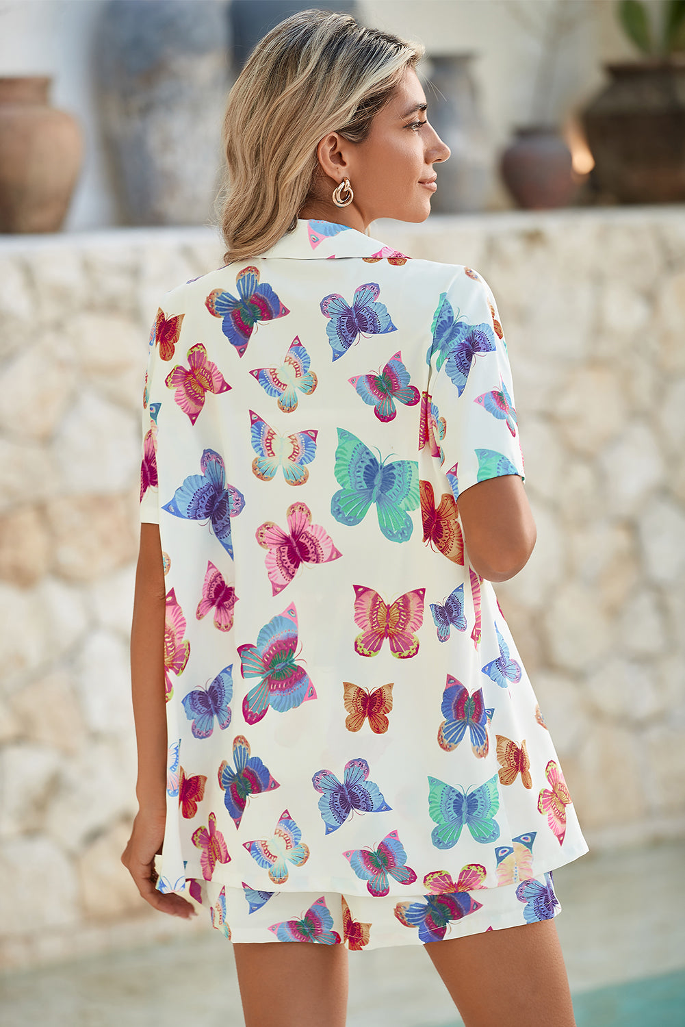 Multicolour Butterfly Print Button-up Shirt & Shorts Pajama Set Two Piece Shorts Sets 2f0b001eee2b7138