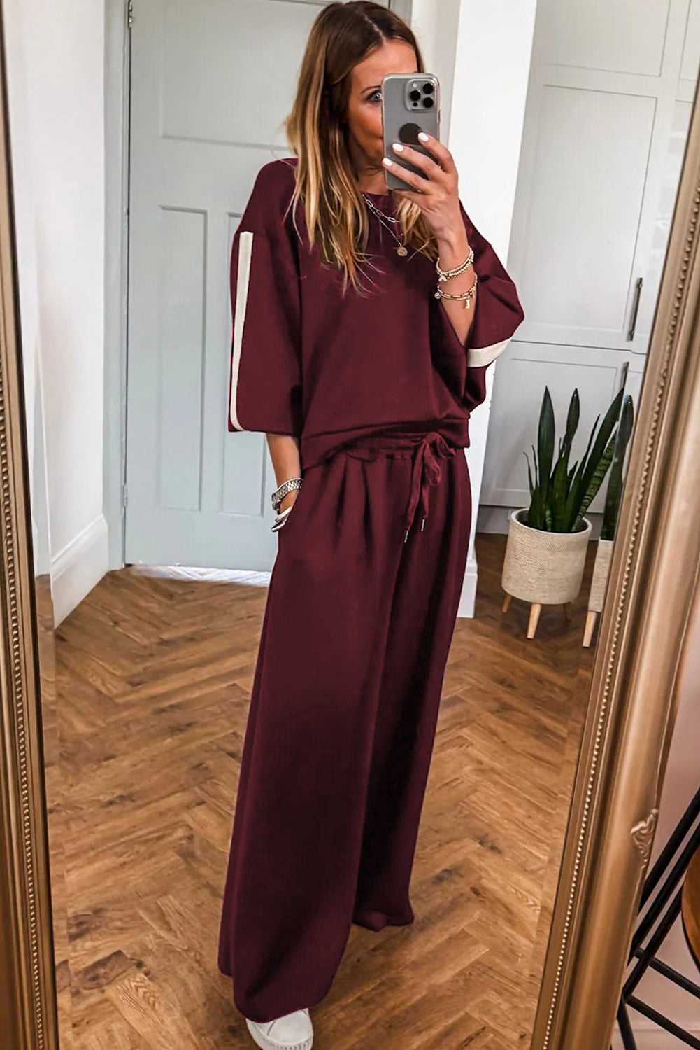 Burgundy Varsity Striped 3/4 Sleeve Pullover Drawstring Sweatpants Set Two Piece Pants Sets 2f0c42db48b2df70