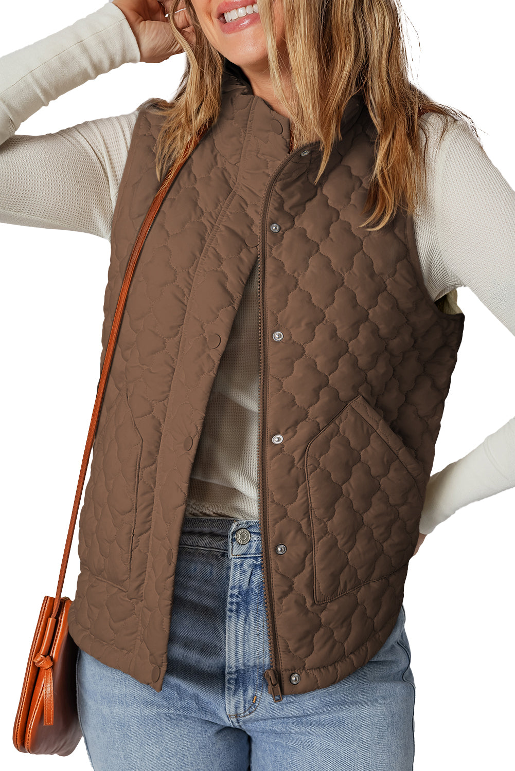 Dark Brown Flower Shape Quilted Snap Button Zip Up Winter Vest Coats 2f399b560bddda31