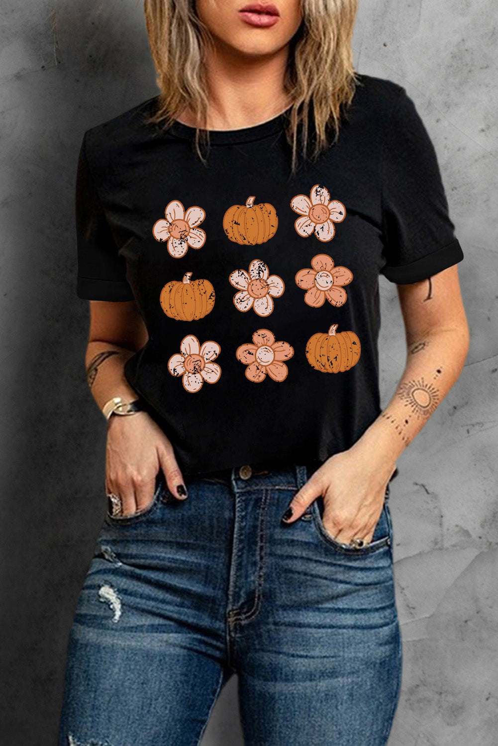 Black Pumpkin Flower Print Short Sleeve Graphic T Shirt Graphic Tees 2f9f593b98d075cf