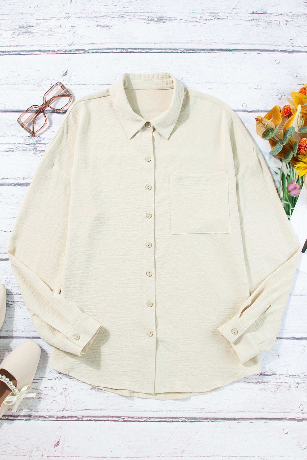 Beige Crinkle Pocket Half Sleeve Shirt Blouses 2fbbb5c8ef1a35a0