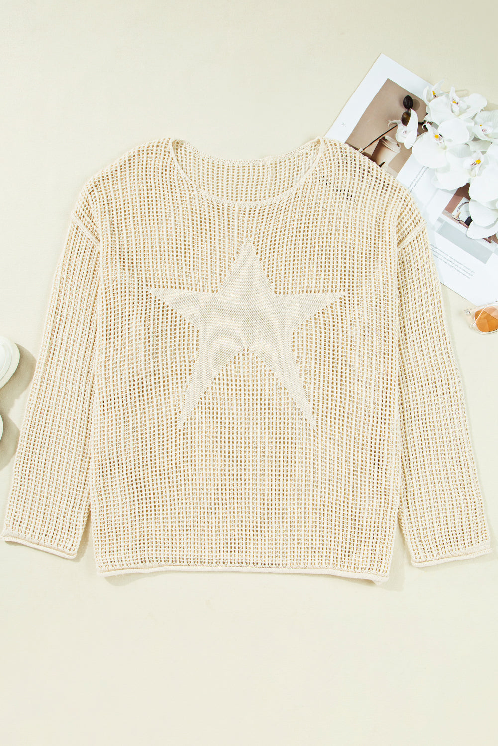 Parchment Hollow Out Knit Star Pattern Plus Size Sweater Plus Size Sweaters&Cardigans 301245d3502d423c