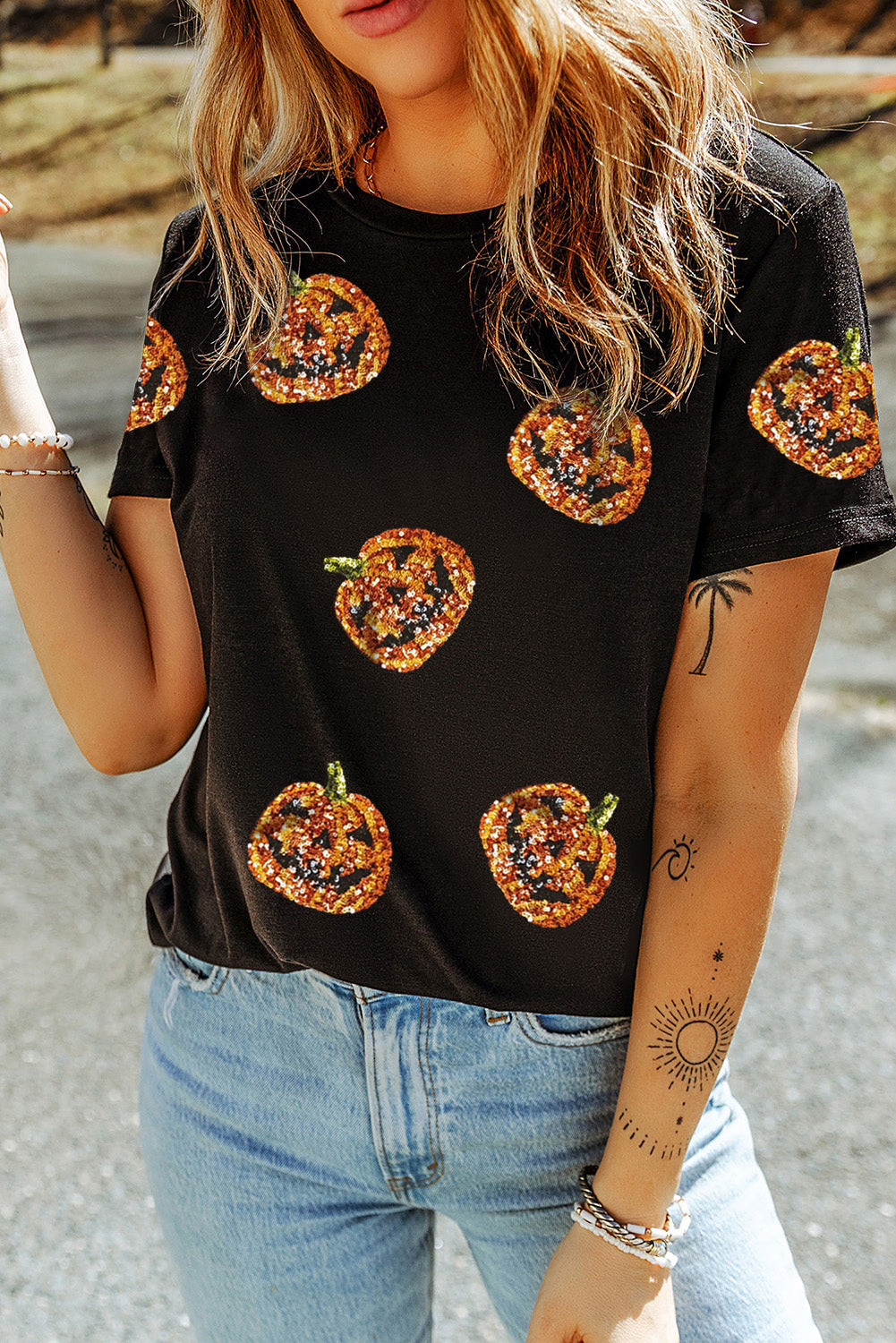 Black Halloween Sequin Pumpkin Face Graphic T Shirt Graphic Tees 302a6853a685482b
