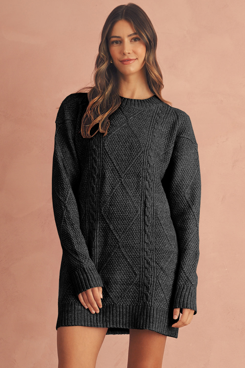 Mist Green Twist Cable Knit Drop Shoulder Loose Fit Sweater Dress Sweater Dresses 30417a9b8f6bf907
