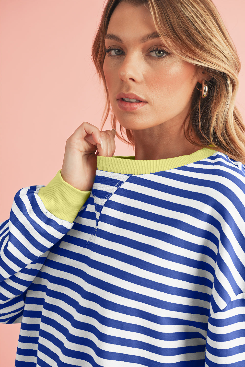 Blue Stripe Contrast Edge Cross Seam Oversized Pullover Sweatshirts & Hoodies 3056c273e61133cb