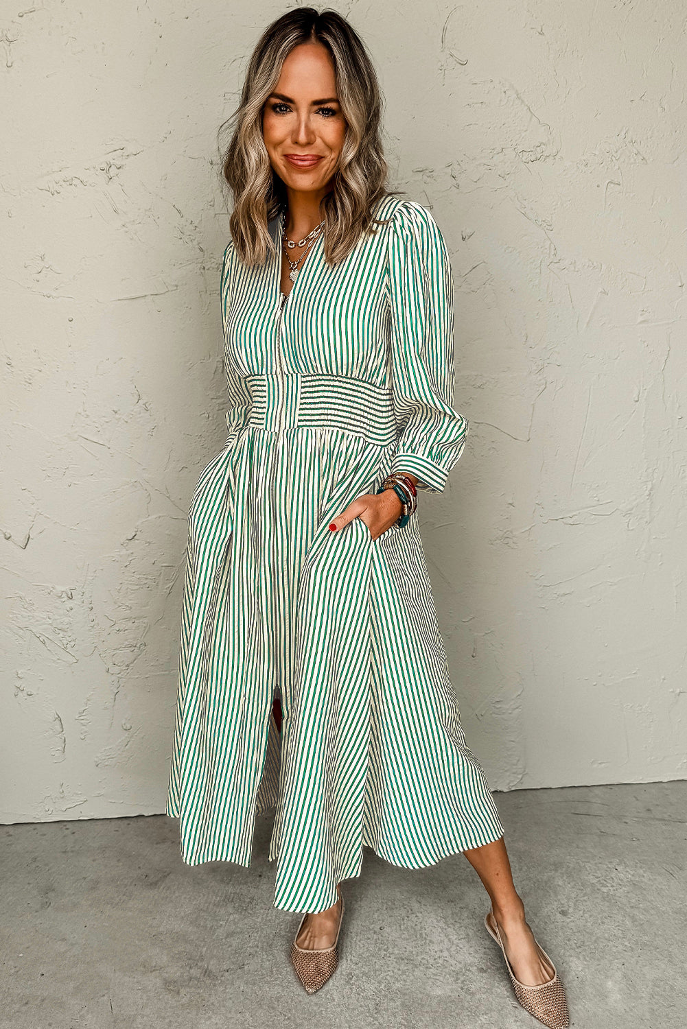 Green Striped V Neck Zip Front Cinched High Waist Midi Dress Midi Dresses 310ee2389dcfa202