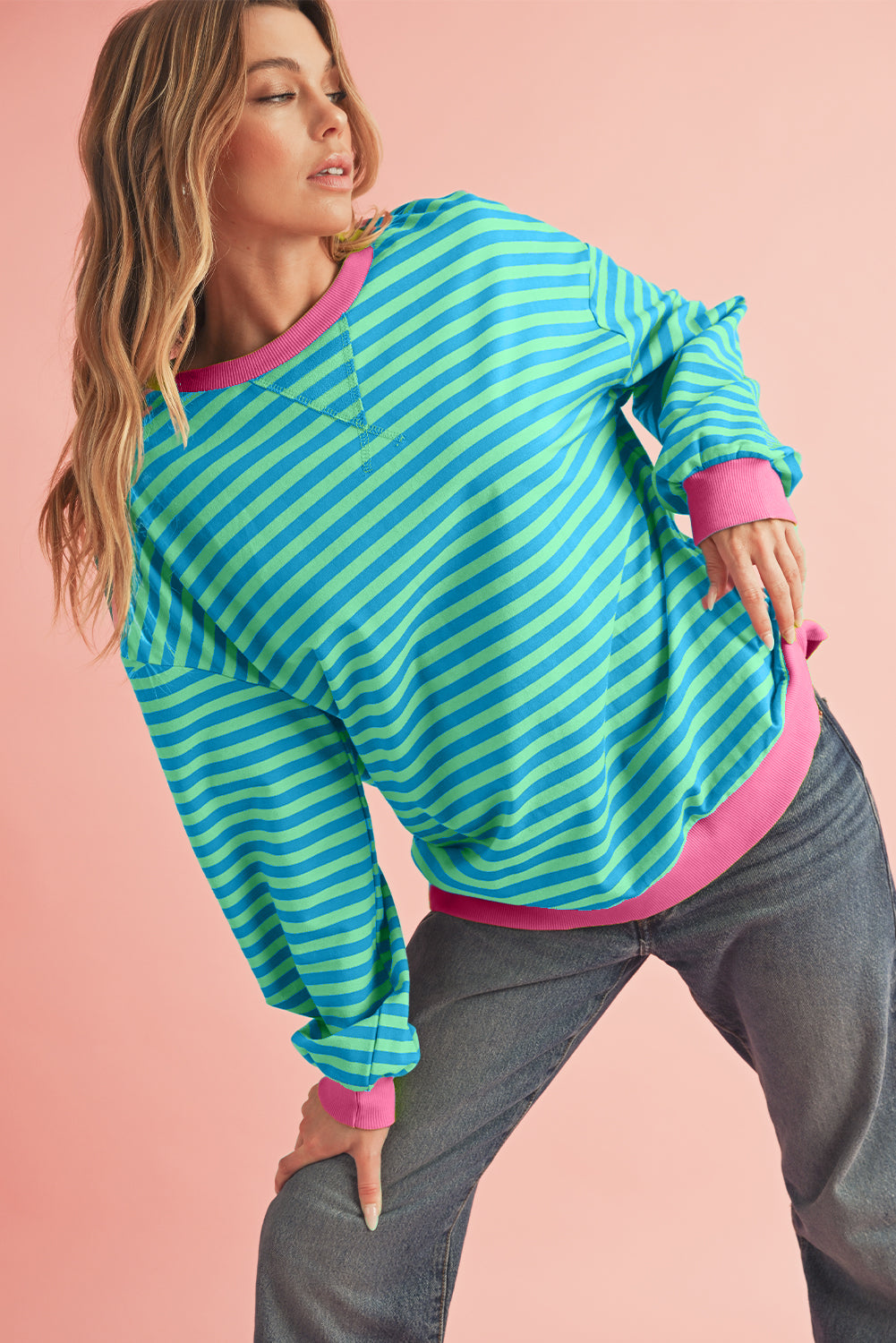 Blue Stripe Contrast Edge Cross Seam Oversized Pullover Sweatshirts & Hoodies 313af7f29bab4aa6
