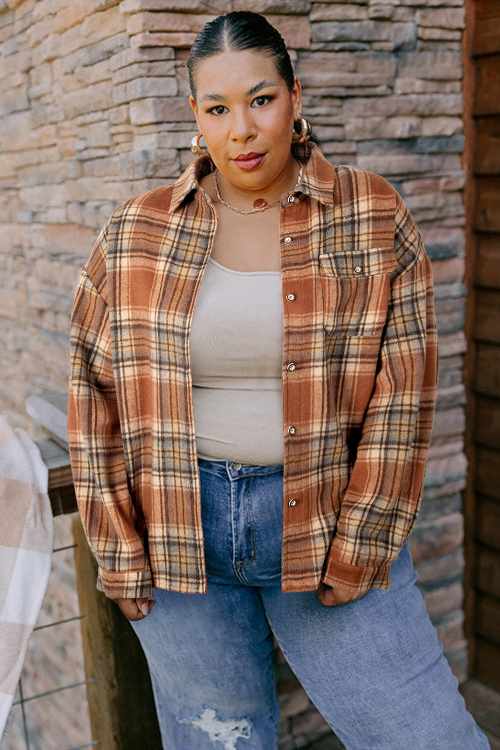Brown Plaid Print Flap Pocket Button Plus Size Shirt Plus Size Outerwear 3151cc5d4e348c1c