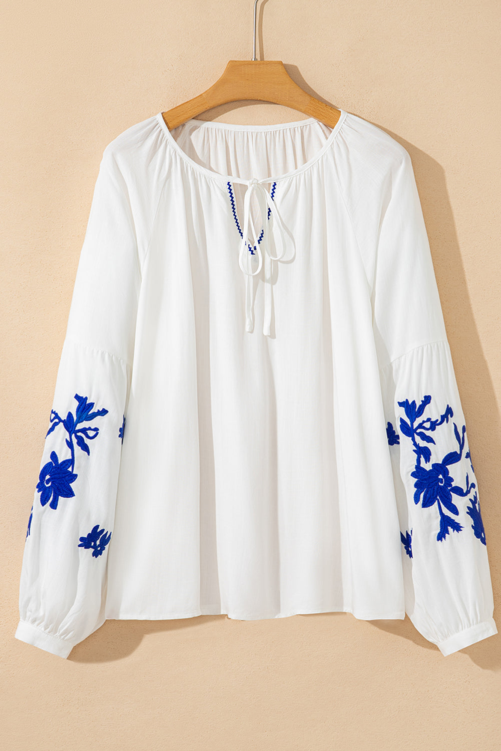 White Floral Embroidered Drawstring V Neck Blouse Blouses 3161d3d9051d285a
