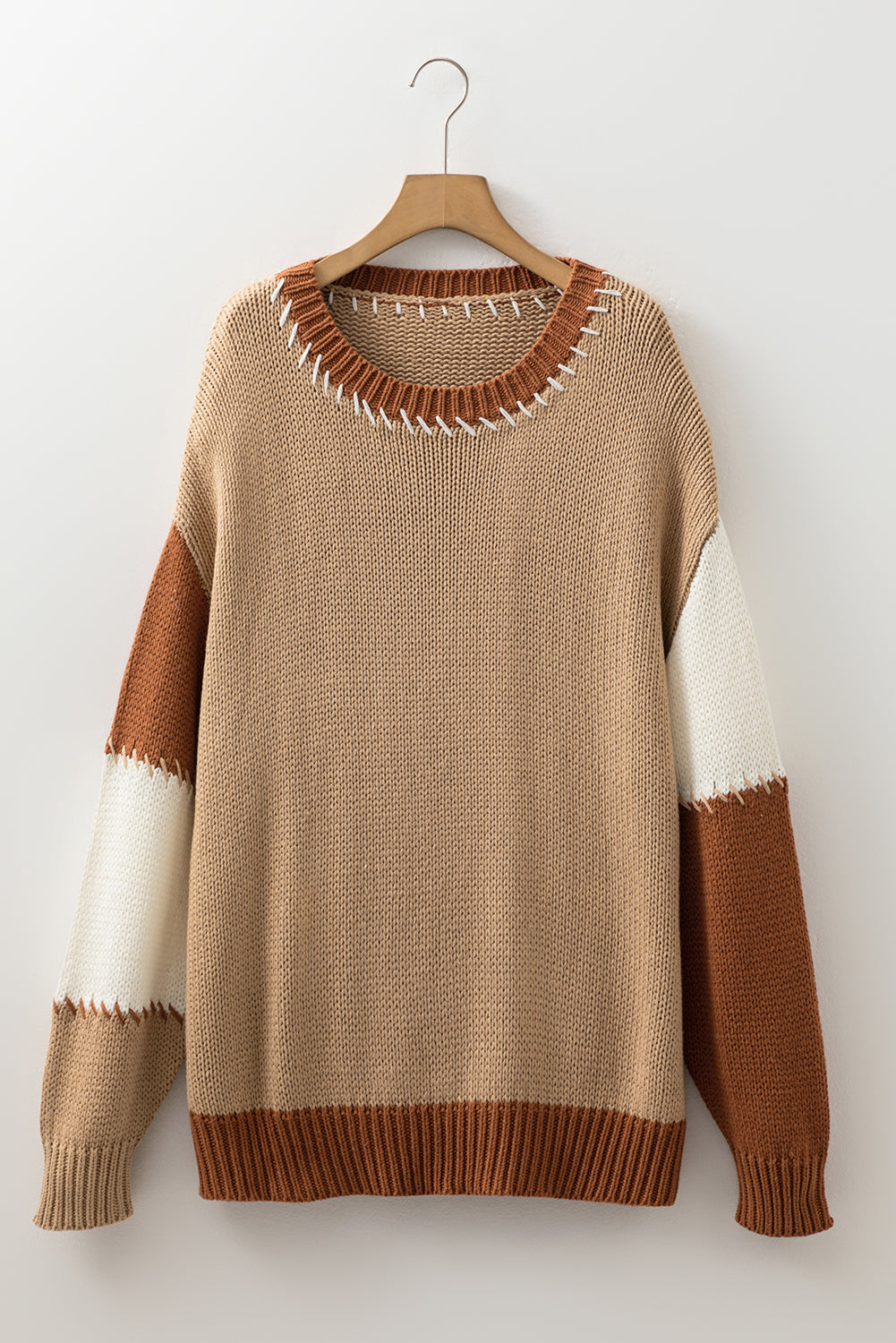 Light French Beige Contrast Stitch Detail Colorblock Knitted Plus Size Sweater Plus Size Sweaters&Cardigans 318d44eafde026c4