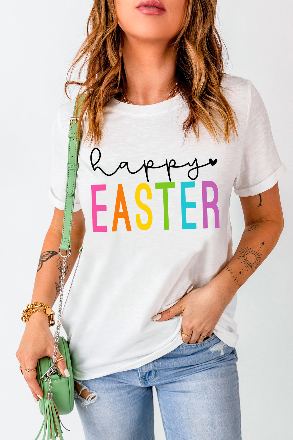 White Happy EASTER Letter Graphic Round Neck Tee Graphic Tees 31904101e701558c