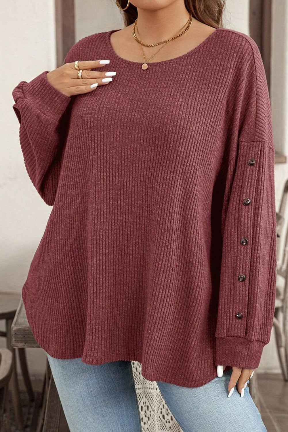 Wild Ginger Plus Size Ribbed Button Decor Long Sleeve Top Plus Size Tops 31a7ec511965821f