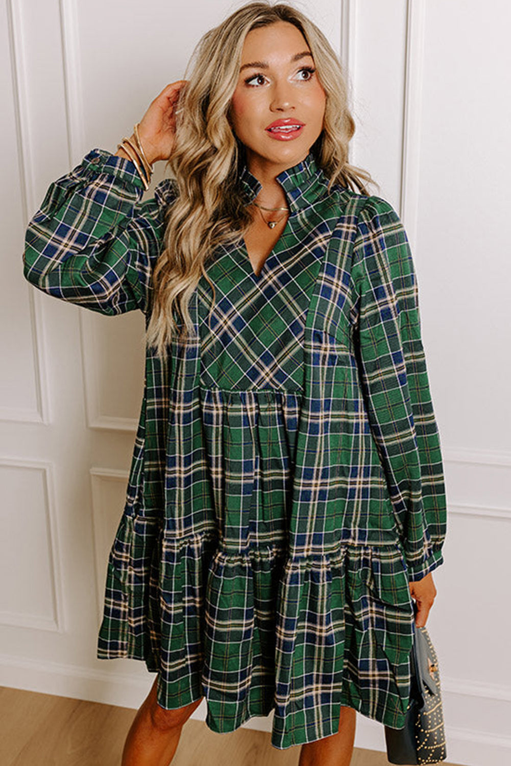 Green Plaid Print Frill Neck Long Sleeve Mini Dress Short Dresses 31b543deef2e0101