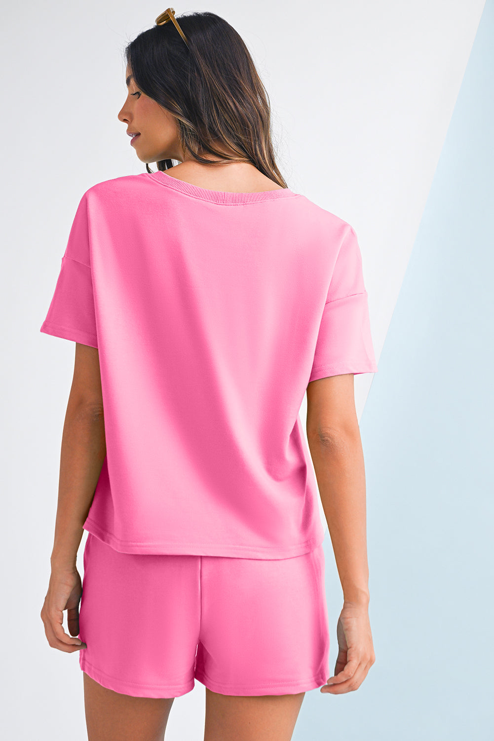 Bonbon V Neck Drop Shoulder Tee and Patchwork Shorts Set Two Piece Shorts Sets 31de70f8e2d4d9f2