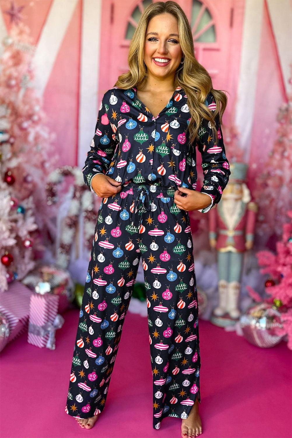 Navy Blue Colorful Christmas Lights Print Shirt and Pants Pajama Set Loungewear Set 31fc23622acdaa5a