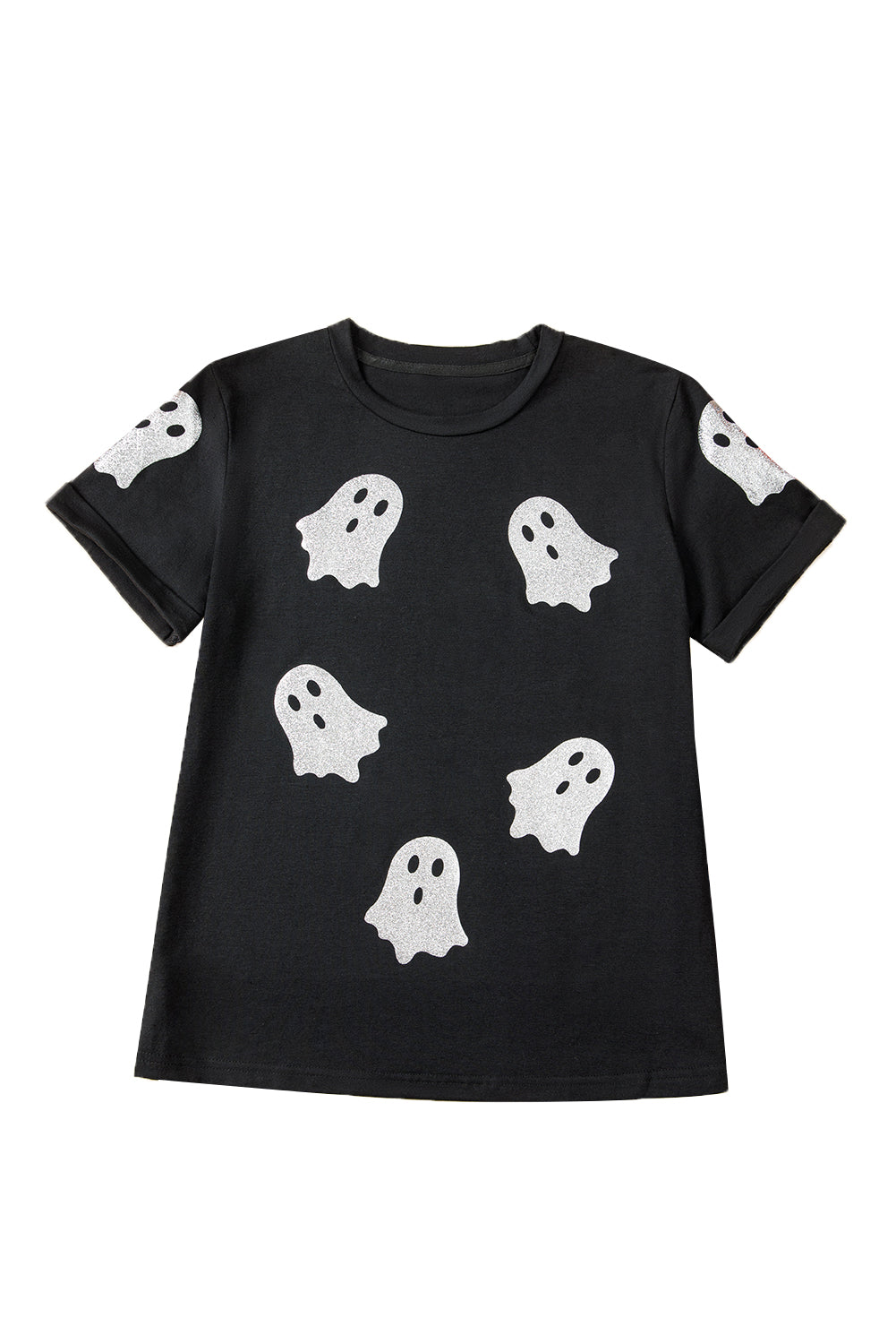Black Glitter Ghost Pattern Crew Neck Halloween Graphic T Shirt Graphic Tees 32139df848de3e33