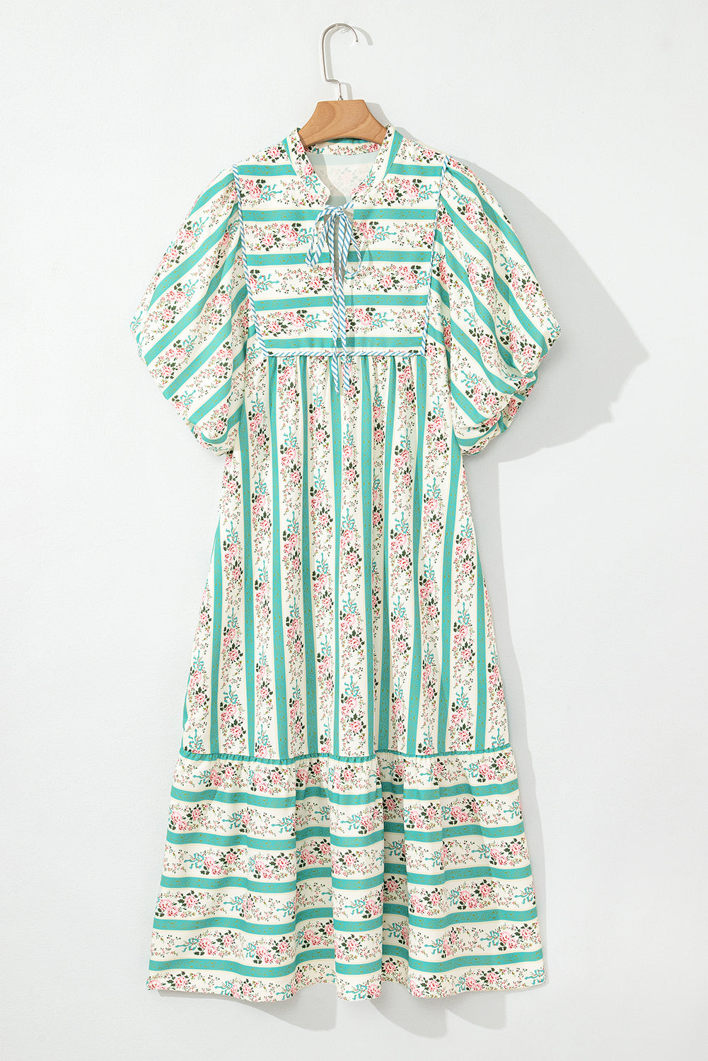 Multicolor Boho Floral Striped Tie V Neck Long Dress Midi Dresses 322296781c3b1373