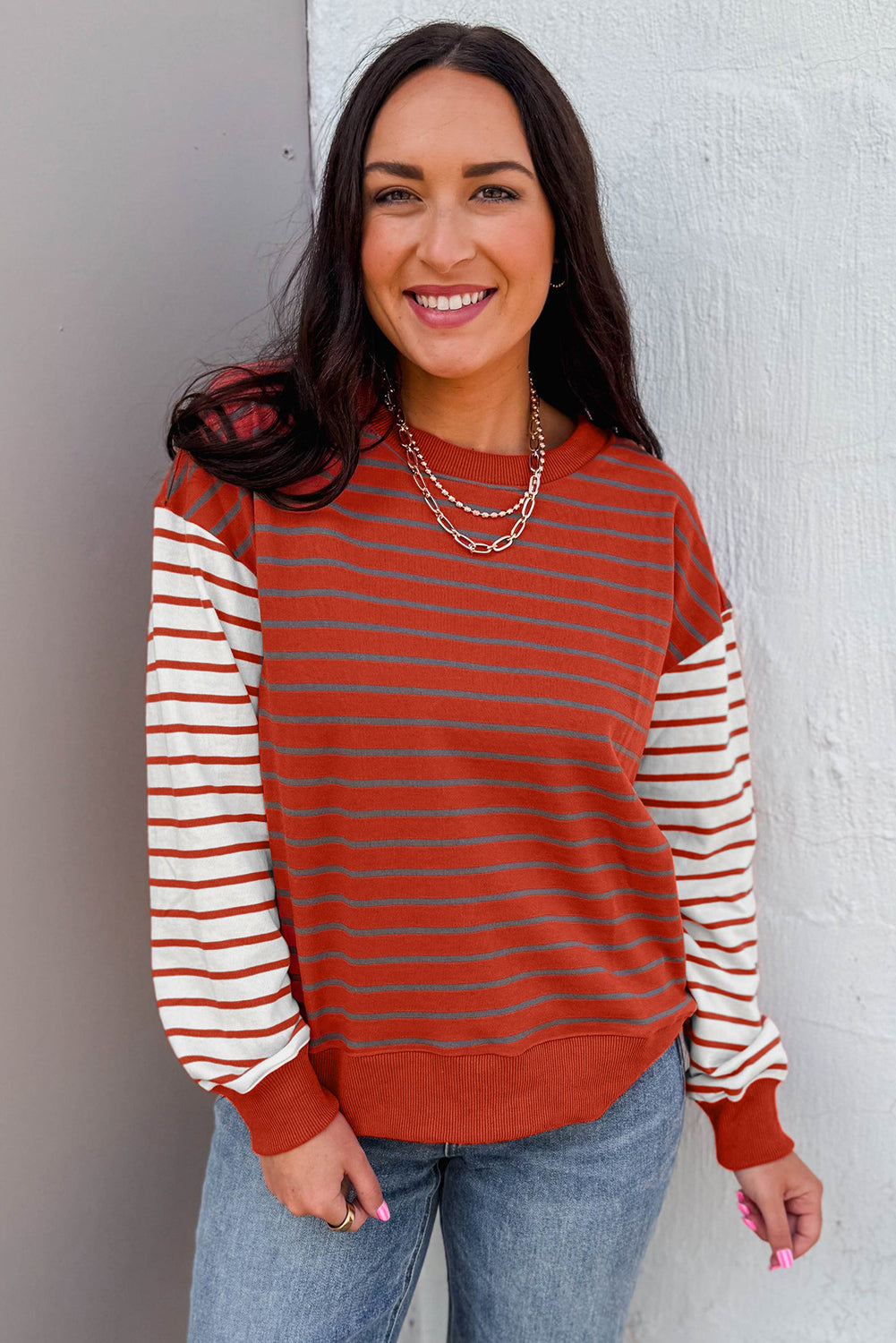 Orange Stripe Contrast Sleeve Patchwork Drop Shoulder Long Sleeve Sweatshirt Sweatshirts & Hoodies 32336aa25fb3f906