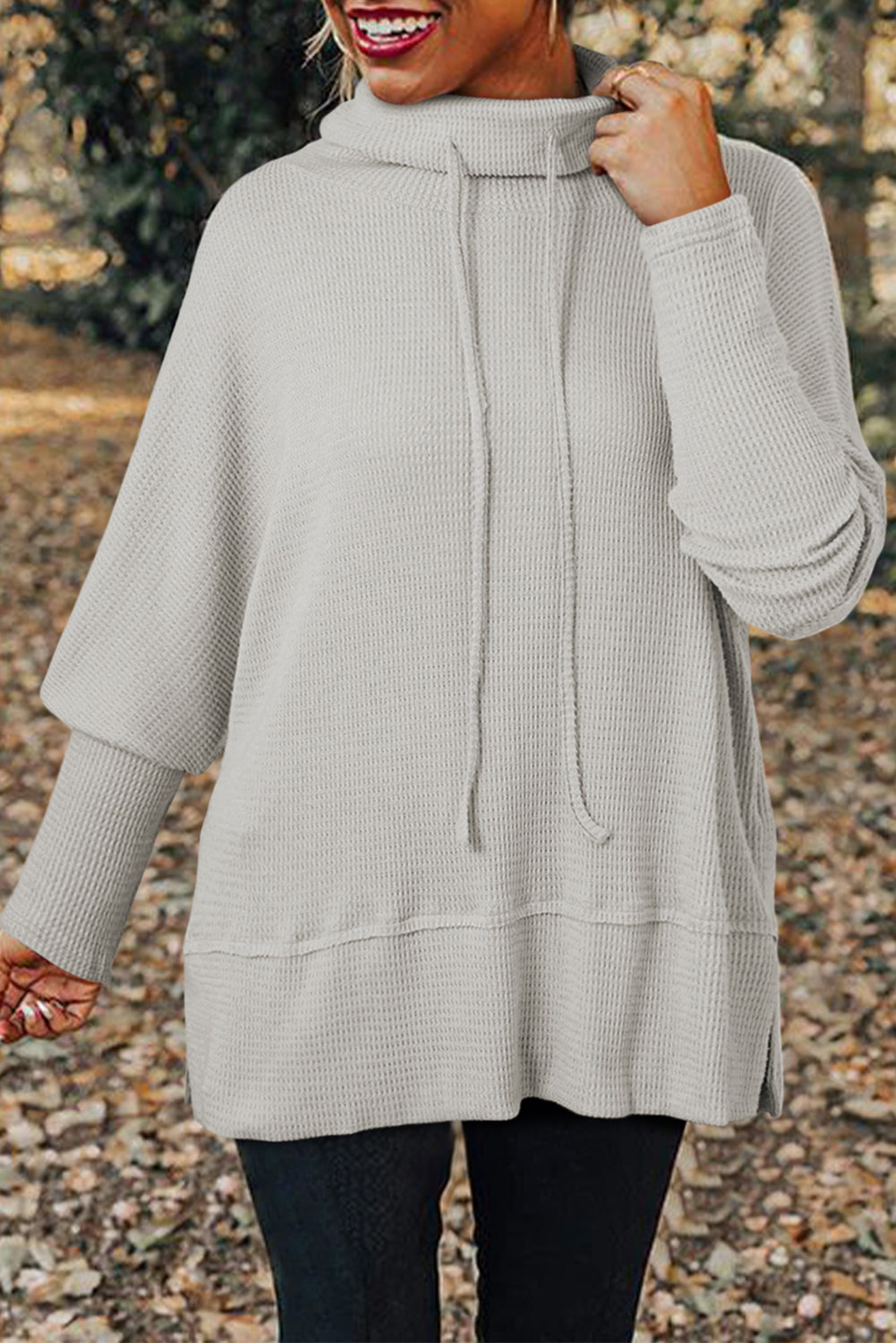 Light Grey Textured Knit Drawstring Cowl Neck Oversized Top Long Sleeve Tops 325ab4ea0e156564
