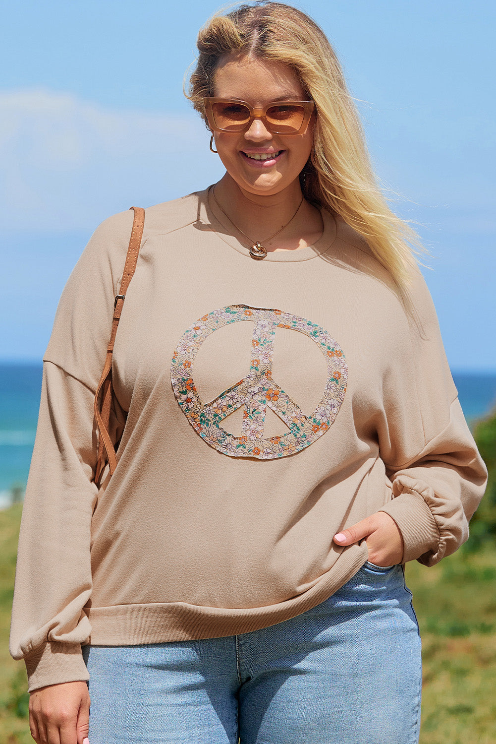 Pale Khaki Floral Peace Graphic Washed Plus Size Sweatshirt Plus Size Tops 3267e1f699efce0b
