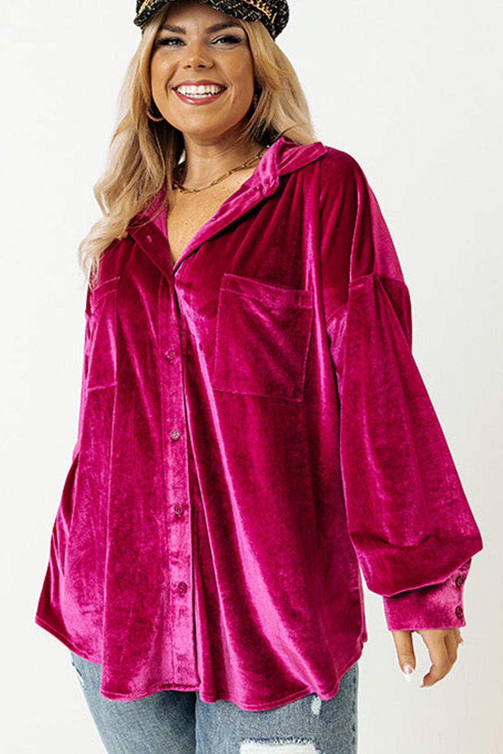 Bright Pink Plus Size Velvet Chest Pocket Drop Shoulder Shirt Plus Size Tops 32748951d8c75e6c