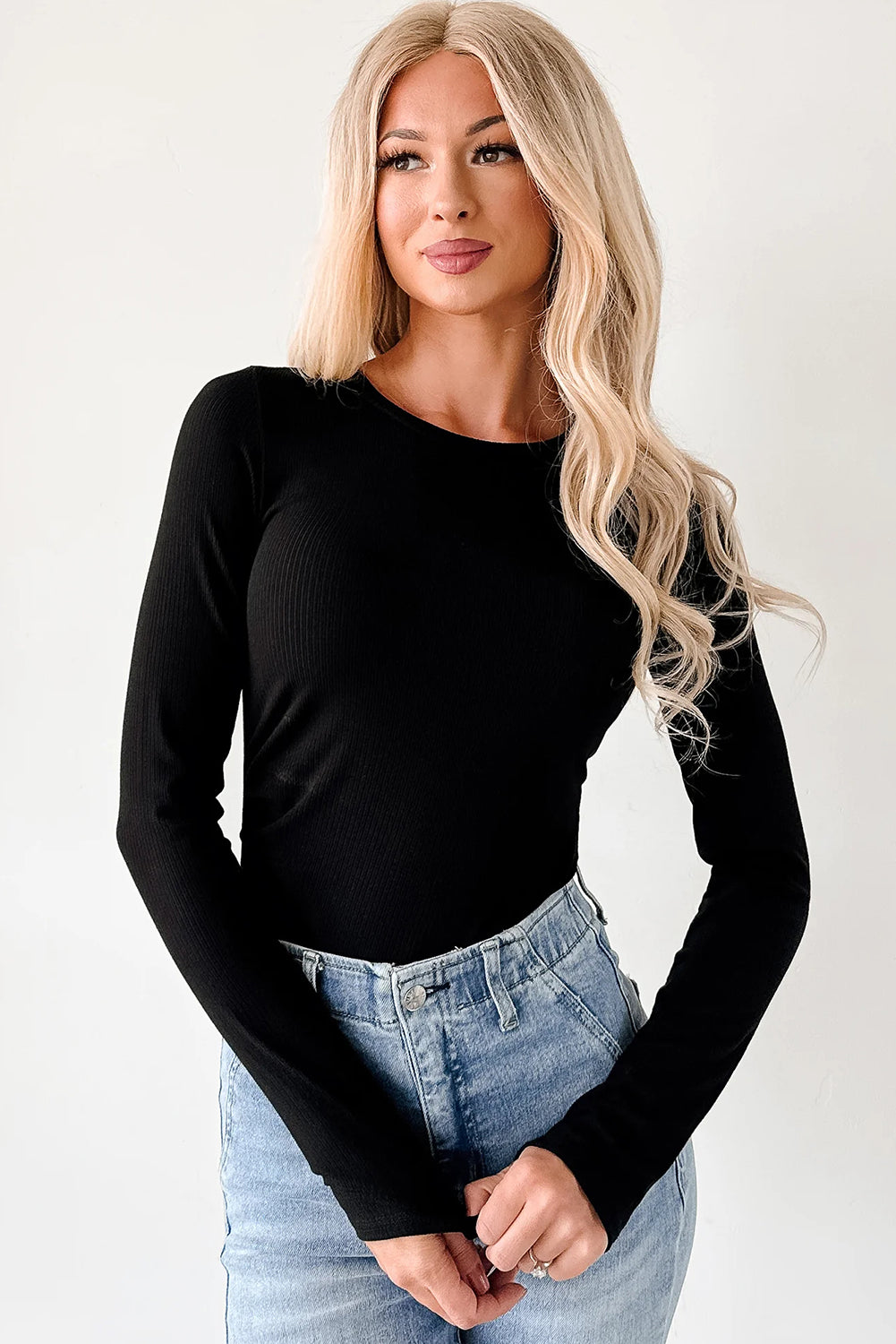Black Ribbed Long Sleeve Crew Neck Solid Color Bodysuit Bodysuit 3295b3c424f6eef2