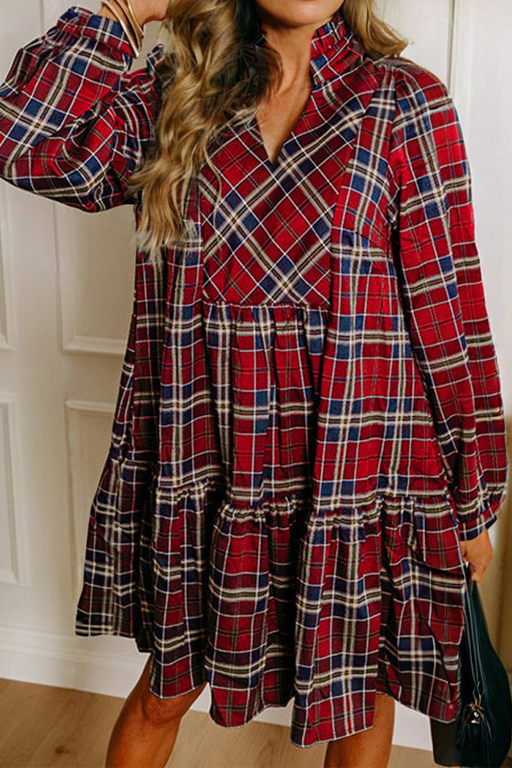 Red Plaid Print Frill Neck Long Sleeve Mini Dress Short Dresses 32a759c019d9206e