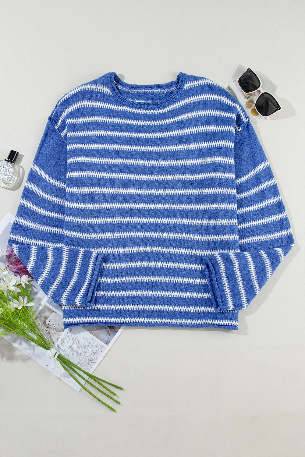 Green Stripe Casual Stripe Round Neck Drop Shoulder Sweater Sweaters 32ed524a54605172