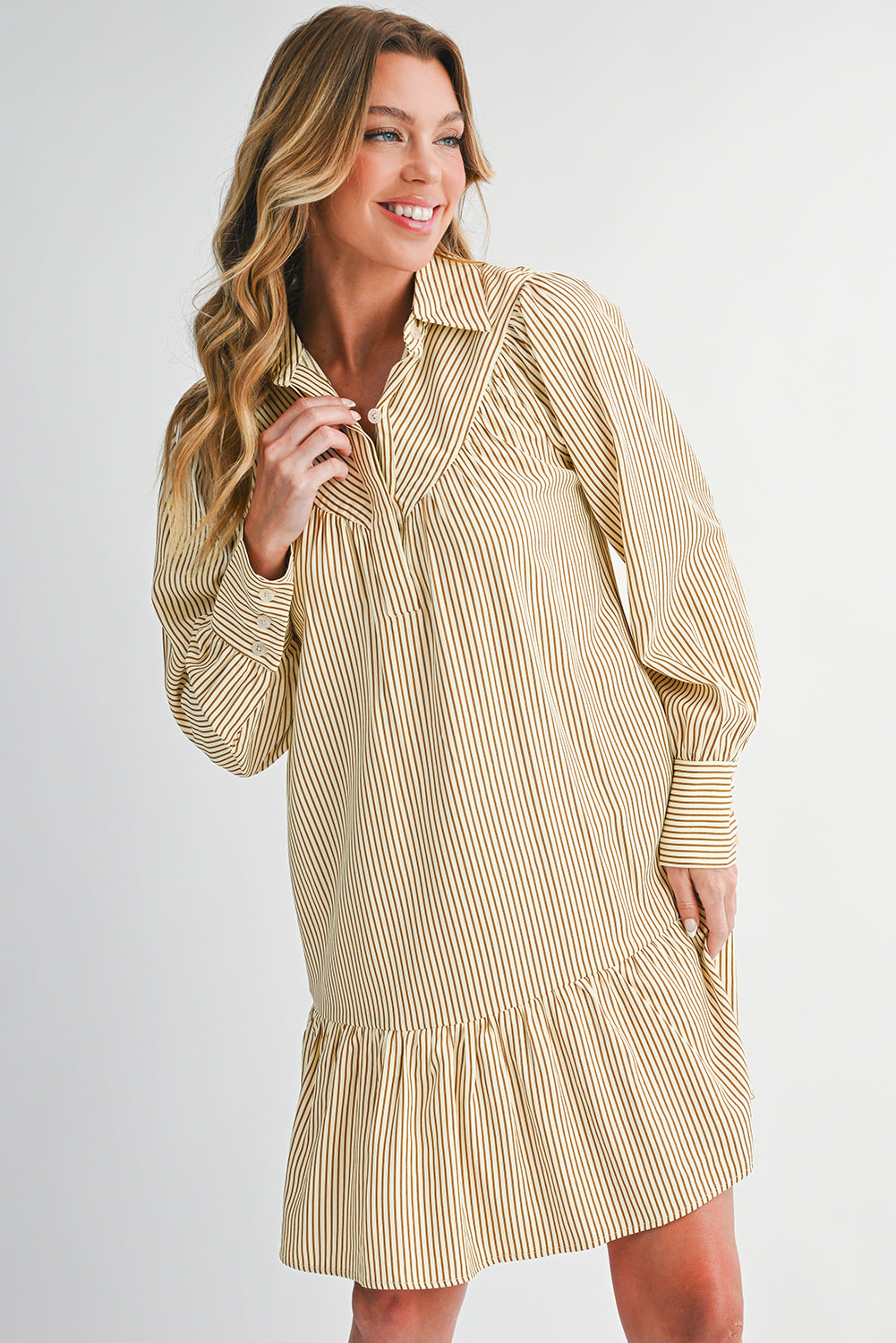 Brown Striped Shirt Collar Ruffle Hem Long Sleeve Dress Short Dresses 32f44f69352209a0