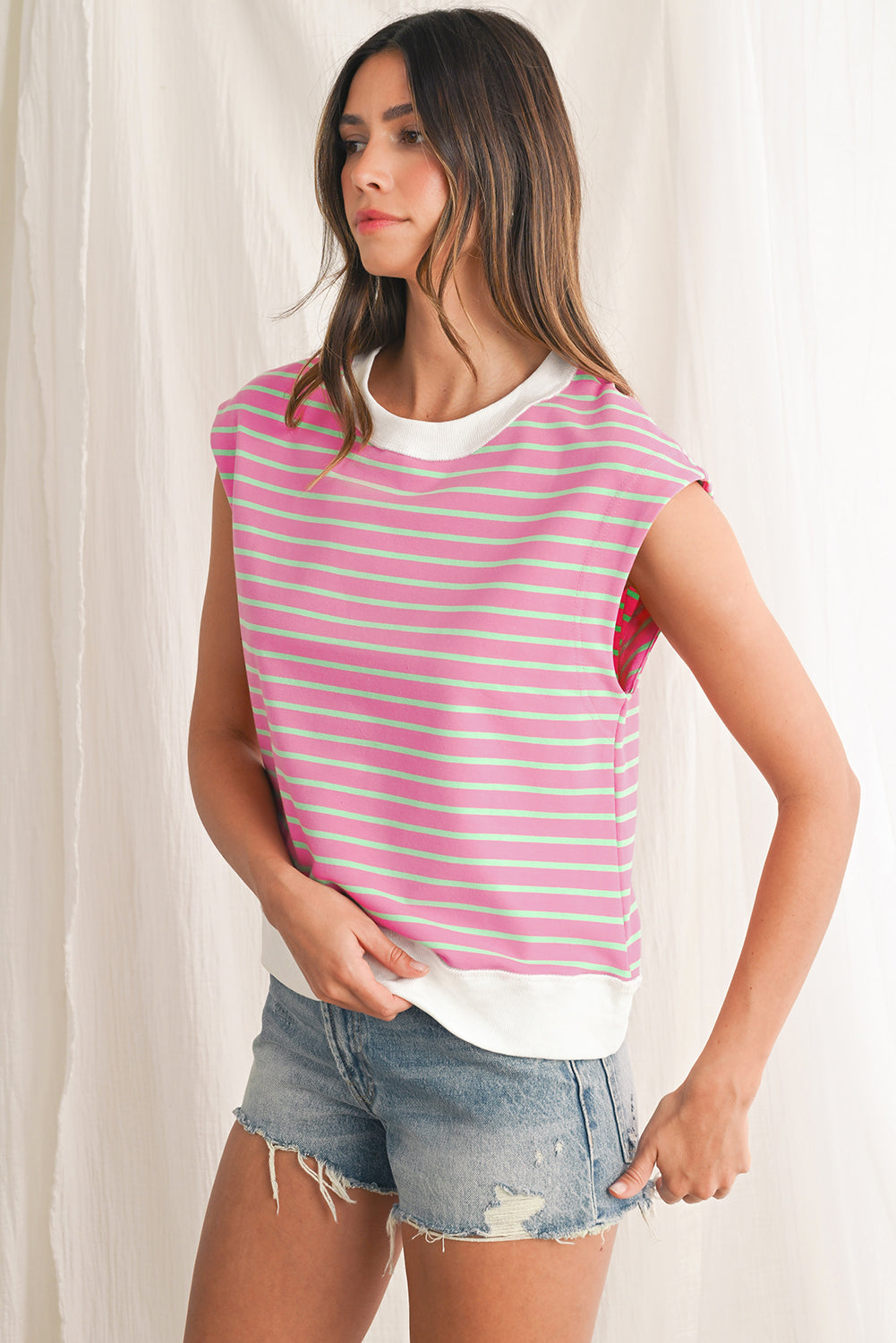 Sachet Pink Striped Contrast Trim Top T Shirts 32fd31808a245807