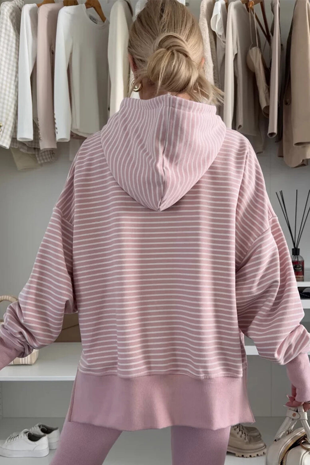 Rose Stripe Thumbhole Side Slits Drop Shoulder Loose Fit Hoodie Sweatshirts & Hoodies 3341c5230f0a9b91
