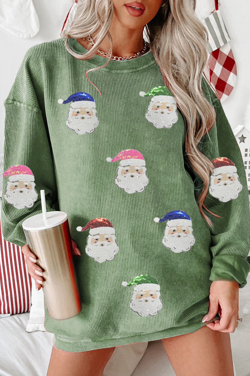 Grass Green Corded Ribbed Santa Claus Graphic Sequins Patch Sweatshirt Graphic Sweatshirts 33723b38ea79e69a