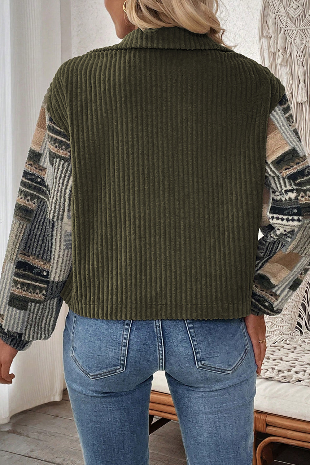 Jungle Green Ribbed Fleece Plaid Print Patchwork Button Up Jacket Jackets 337e4c85c771311b