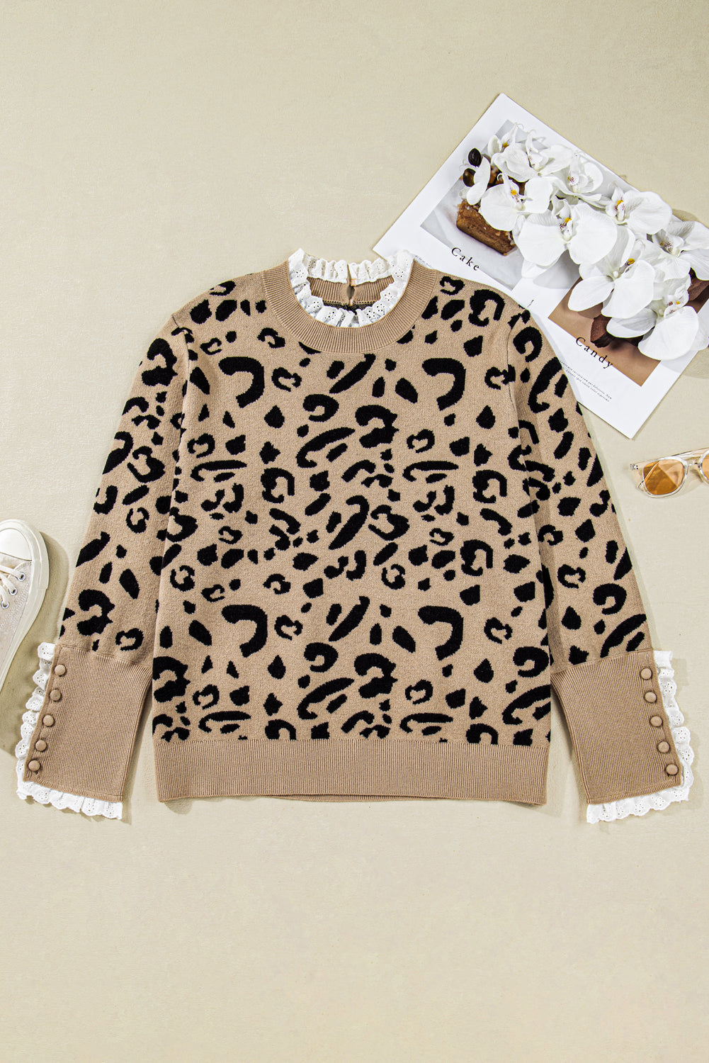 Brown Leopard Knitted Lace Trim Cuffed Plus Size Sweater Plus Size Sweaters&Cardigans 33c6a6974f324e24