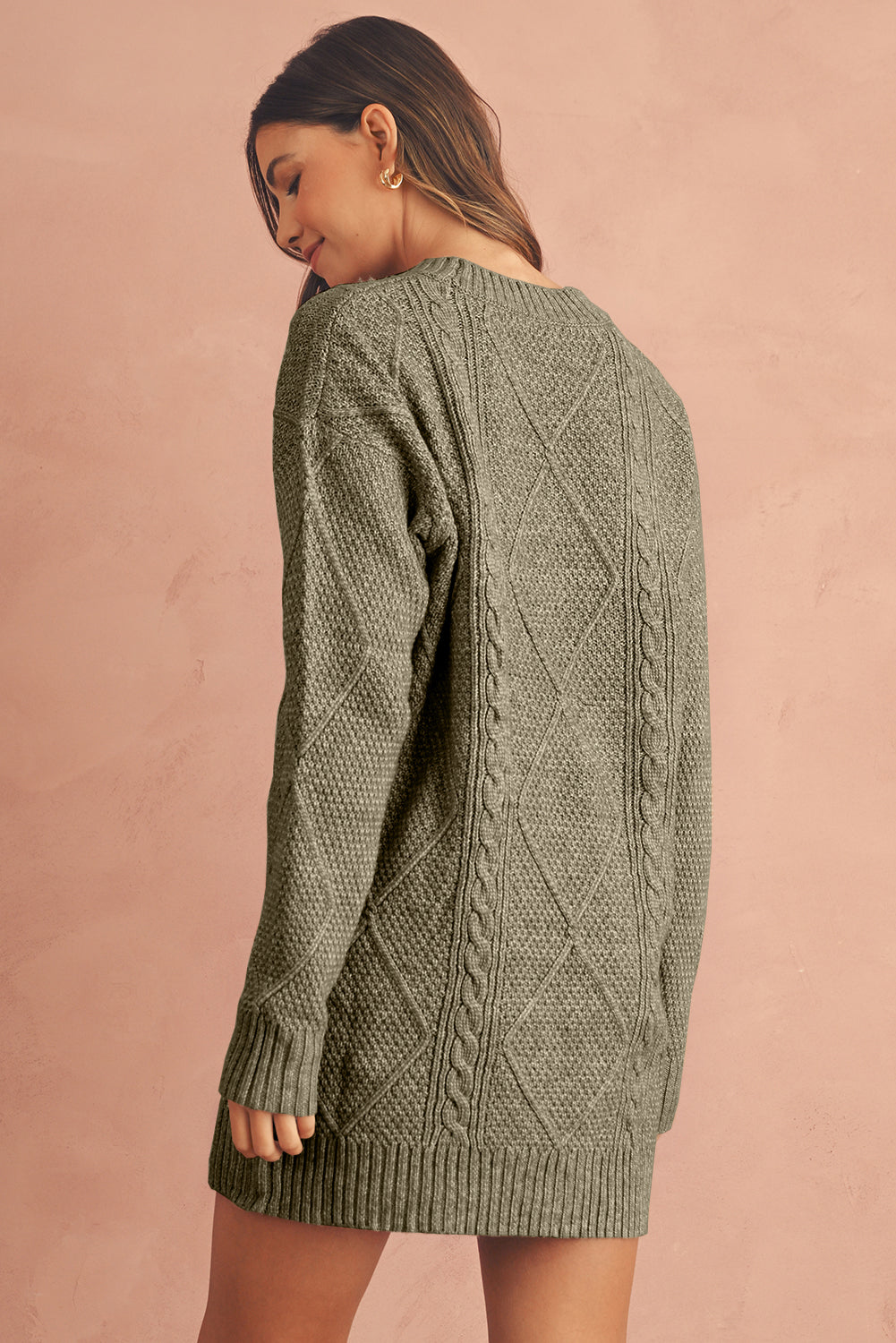 Mist Green Twist Cable Knit Drop Shoulder Loose Fit Sweater Dress Sweater Dresses 33ce408cb8608fec