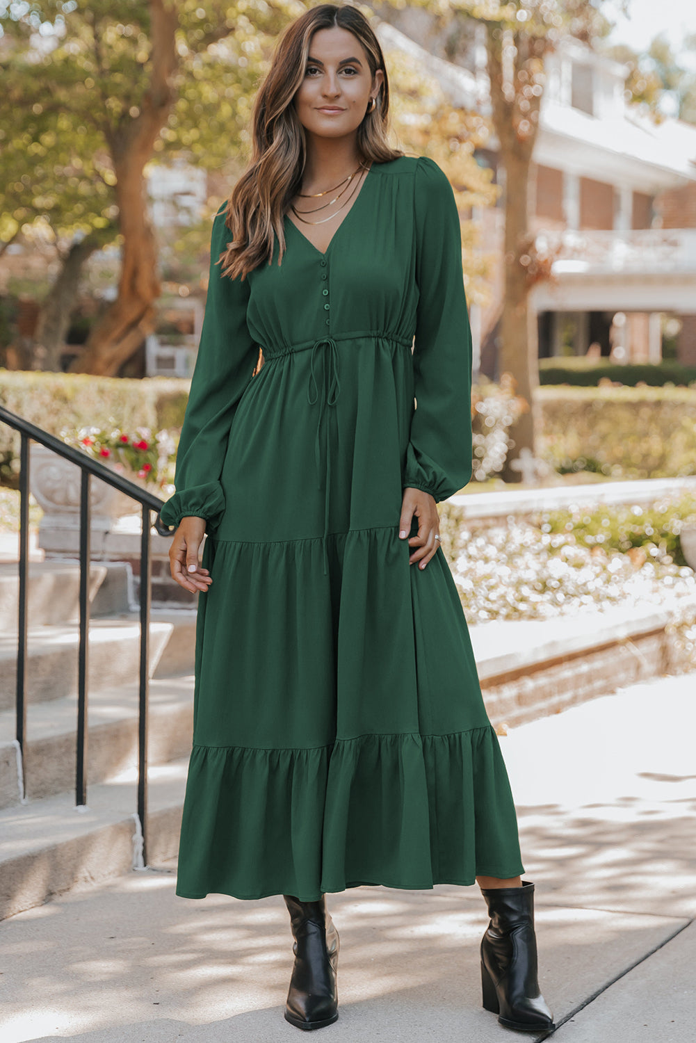Burgundy Solid Long Sleeve Button V Neck Tiered Maxi Dress Maxi Dresses 33d489ae7fd20f87