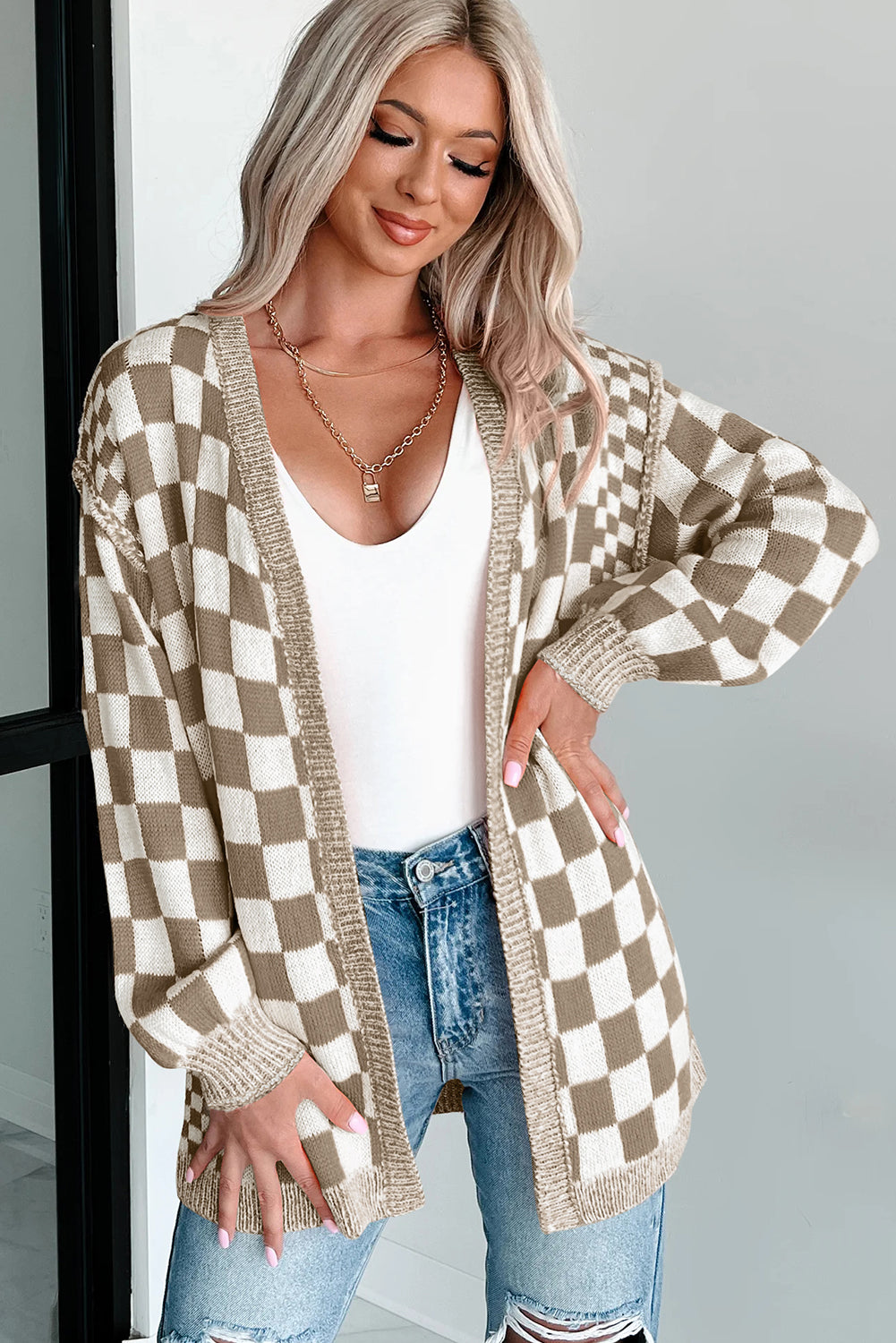 Orange Checkered Open Front Drop Shoulder Cardigan Cardigans 33e623516d79a83e
