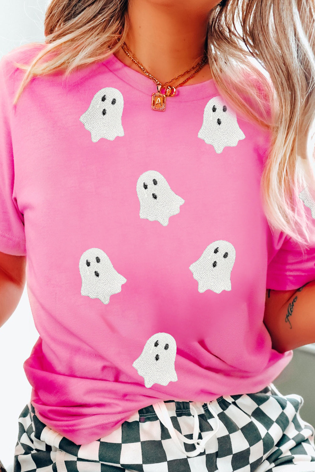 Sachet Pink Halloween Ghost Sequins Patch Casual T Shirt Graphic Tees 3406dac7969d0f66
