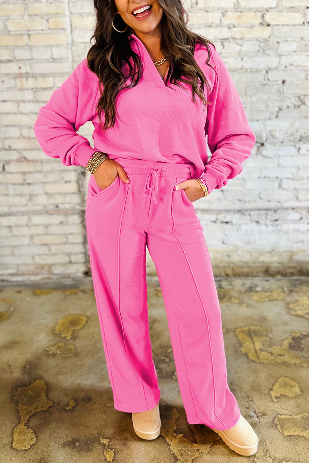 Sachet Pink Solid Color Collared Pullover and Central Seam Pants Set Two Piece Pants Sets 342f1925c38c0ba0