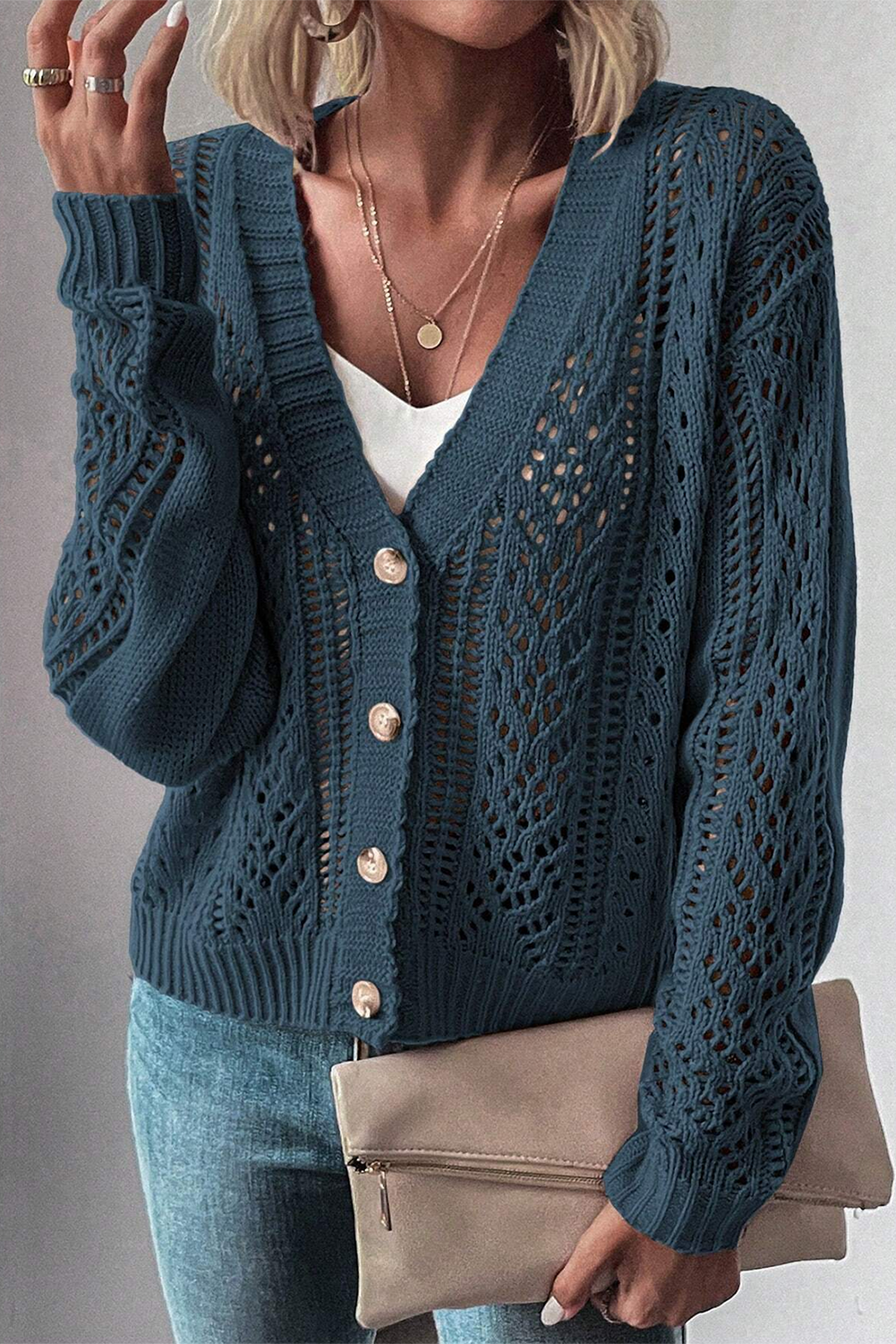 Real Teal Hollow Knit Drop Shoulder Cardigan Cardigans 344ebc7248807885